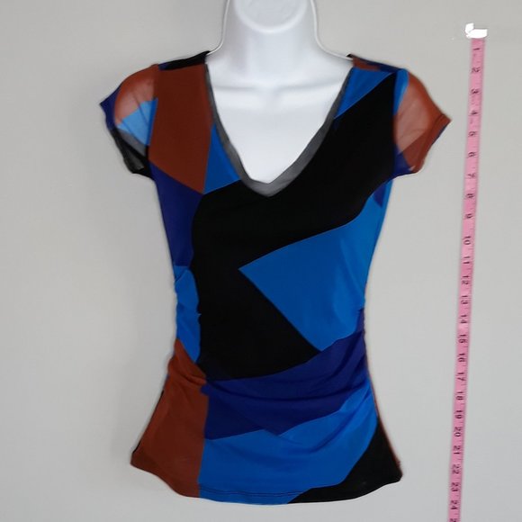INC • PETITE 2P short sleeve work top rusched sides colorblock slimming women's - Picture 1 of 5